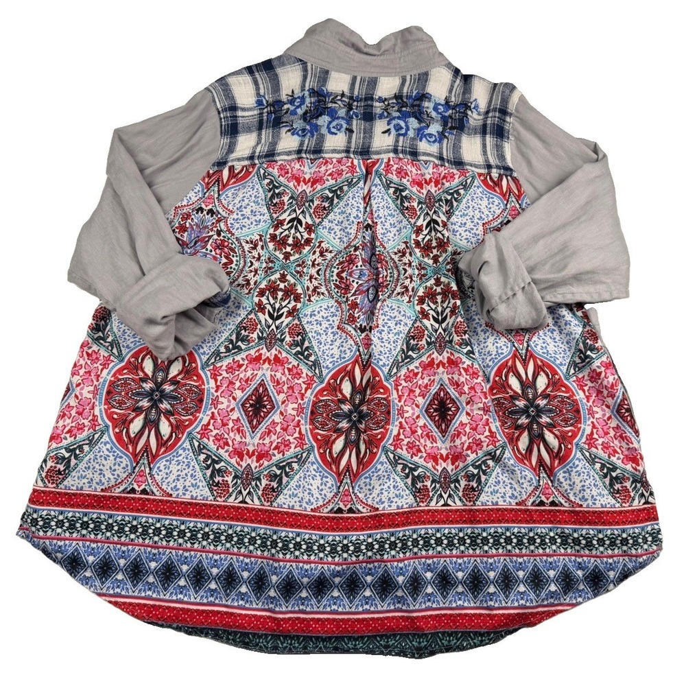 John Mark 2X Linen Embroidered Floral Boho Mixed Media Hi-Low Tunic Shirt